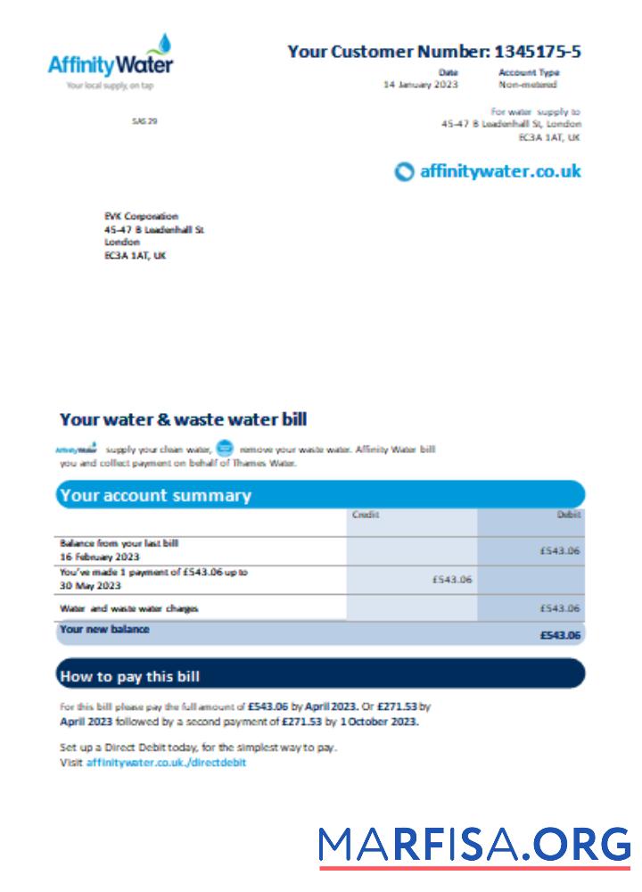 Blank Affinity Water utility business bill, SCR template
